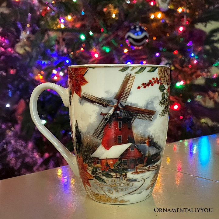 Fancy Farmhouse Holiday Set of 4 Ceramic Mugs with Real Gold Trim, Rustic Christmas Kitchen Coffee Cup Decoration Mug Sets OrnamentallyYou