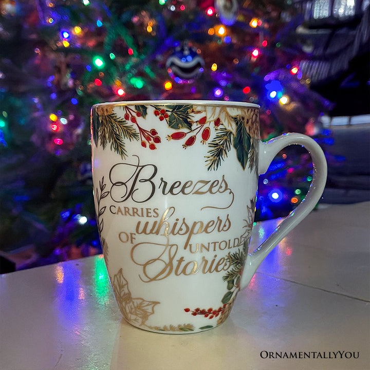 Fancy Farmhouse Holiday Set of 4 Ceramic Mugs with Real Gold Trim, Rustic Christmas Kitchen Coffee Cup Decoration Mug Sets OrnamentallyYou