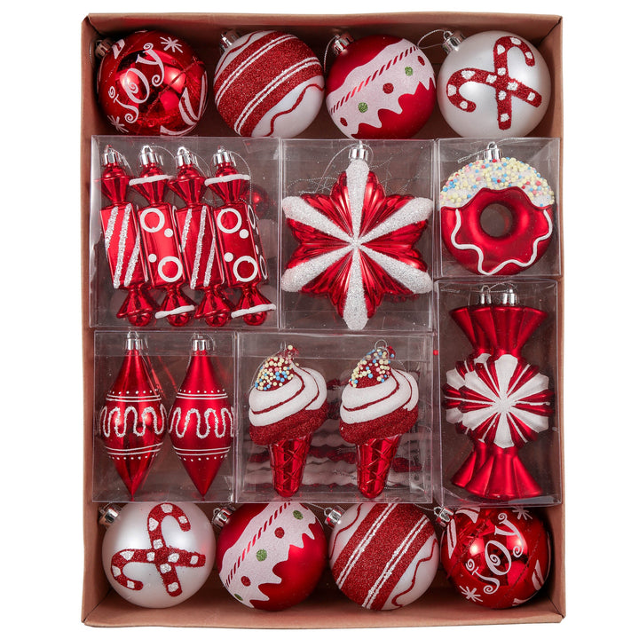 Sweets and Candy Theme Christmas Ornament Bundle, Assorted 60 Bauble off Candies, Ice Cream, Donut, and Glittery Round Balls Ornament Bundle OrnamentallyYou