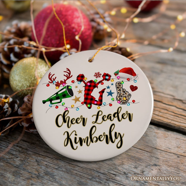 Personalized Cheer Buffalo Plaid Leopard Merry Christmas Ornament, Cheer Team or Coach Gift Ceramic Ornament OrnamentallyYou