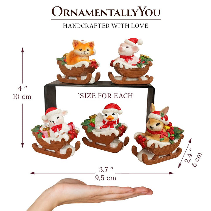 (Pre-Order) Christmas Critters Animals on Sleighs Set of Five Figurines, 5" Tabletop Holiday Animal Decor with Bunny, Piglet, Duckling, Lamb, and Fox Resin Statues OrnamentallyYou