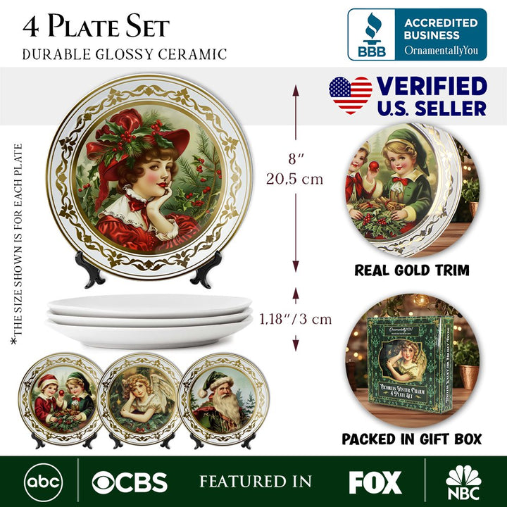 (Pre-Order) Victorian Elegance Set of 4 Plates with Real Gold Trim, Holiday Christmas Red and Green Tableware Collection for Salad, Dessert, Appetizer, and Side Plates Plate Sets OrnamentallyYou