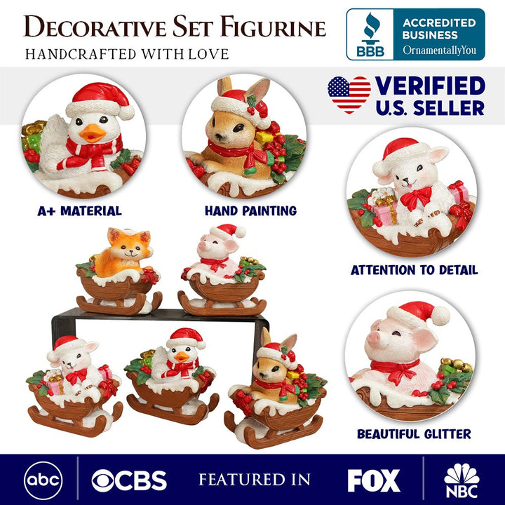 (Pre-Order) Christmas Critters Animals on Sleighs Set of Five Figurines, 5" Tabletop Holiday Animal Decor with Bunny, Piglet, Duckling, Lamb, and Fox Resin Statues OrnamentallyYou