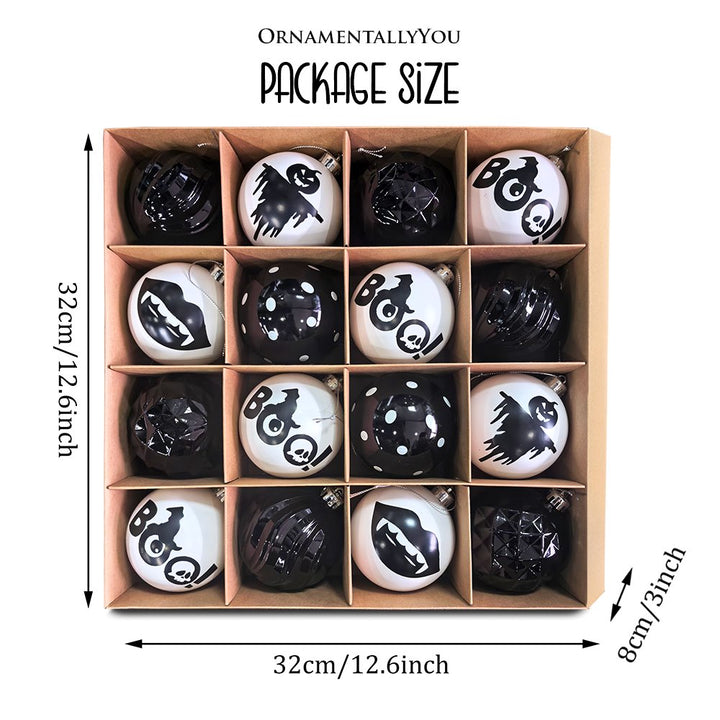 Creepy Boo Assorted 16 Piece Black and White Ornament Bundle, Monochrome 3" Halloween Bauble Set Ornament Bundle OrnamentallyYou