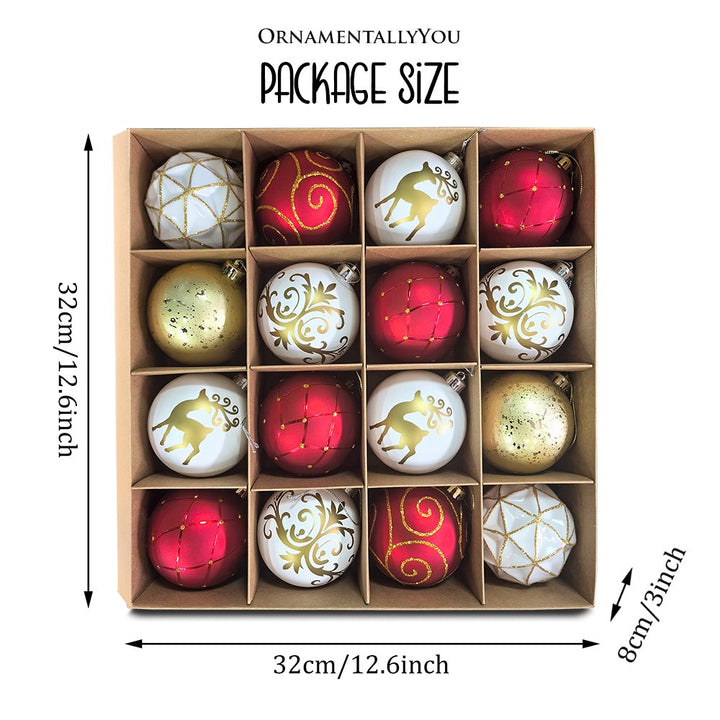 Charming Elegance Ornament Bundle 16 Piece Set, Red White and Gold with Glitter Premium Shatterproof Ornament Bundle OrnamentallyYou