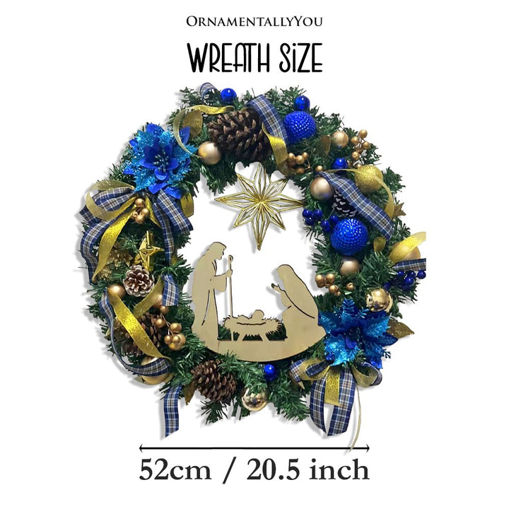 (Pre-Order) Decorous Nativity Christmas Wreath, Blue and Gold Ribbons and Poinsettias Birth of Christ Door Decoration Wreath OrnamentallyYou