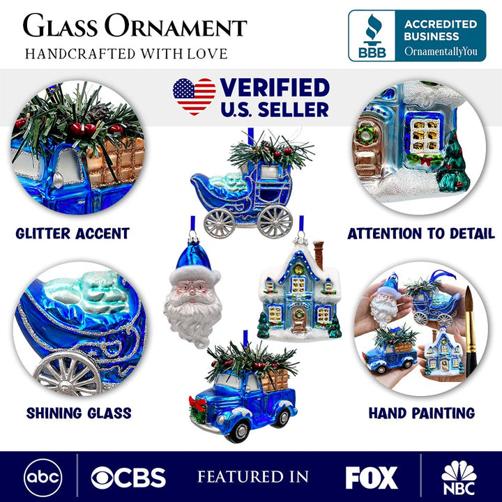 A Marvelous Blue Christmas Set of Four Glass Ornaments with Santa, Truck, Snow Cabin and Sleigh Ornament Bundle OrnamentallyYou
