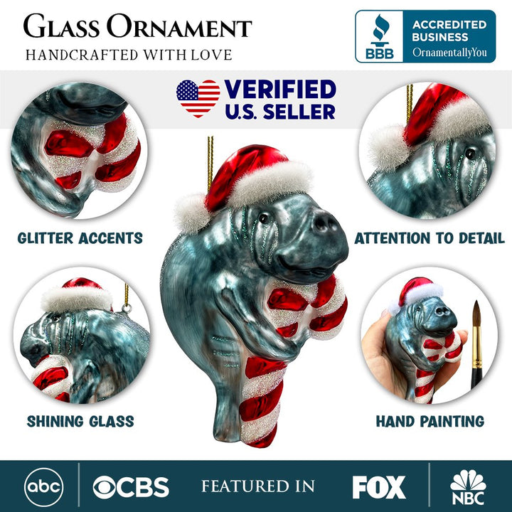 (Pre-Order) Aquatic Manatee Glass Christmas Ornament, Sea Cow Coastal Ocean Animal Holiday Decoration Glass Ornament OrnamentallyYou