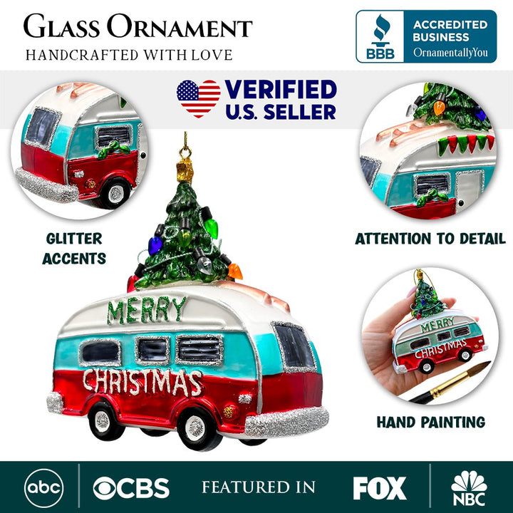 (Pre-Order) Camping RV Glass Christmas Ornament, Camper Trailer Motorhome Traveler Gift Glass Ornament OrnamentallyYou