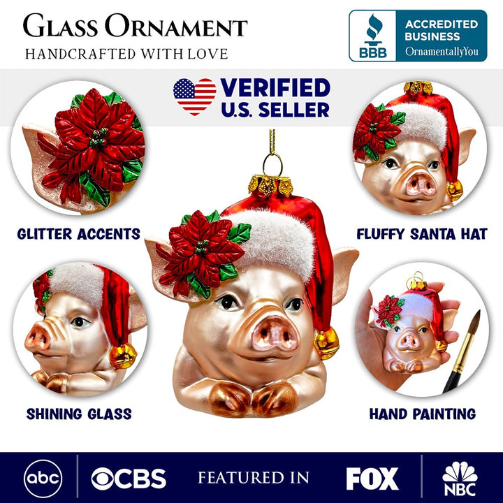 Charming Pig with Santa Hat Glass Christmas Ornament, Cute Farmhouse Tree Decor Glass Ornament OrnamentallyYou