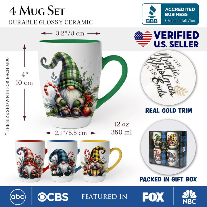 (Pre-Order) Cheerful Holiday Gnome Eclectic Ceramic Mug Set of 4, Christmas Coffee Cups for a Tableware Gift Mug Sets OrnamentallyYou