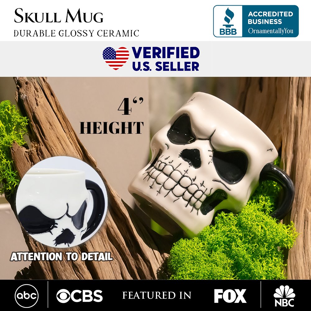 (Pre-Order) Classic Skeleton Face Spooky 4" Mug, Ceramic Halloween Gothic Kitchen Cup Decor Mugs OrnamentallyYou