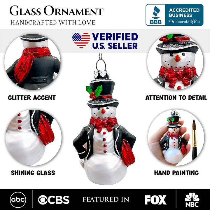 Dapper Gentleman Snowman Glass Christmas Ornament, Refined Handblown Holiday Tree Decor Glass Ornament OrnamentallyYou