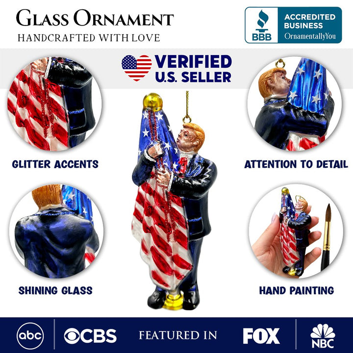Donald Trump Kissing the American Flag Glass Christmas Ornament, United States President OrnamentallyYou