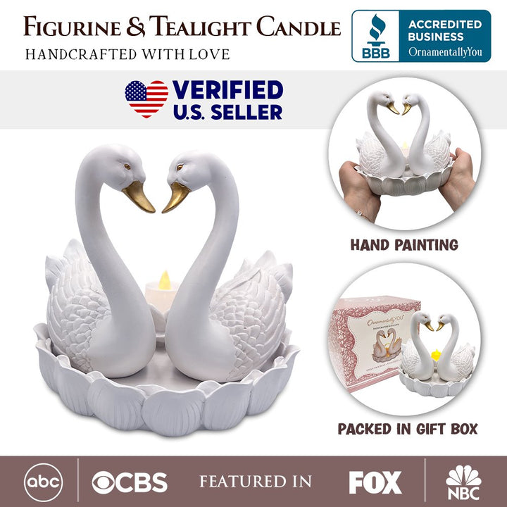 Elegance in Union Swan Figurine and Tealight Candle, 7" Romantic Couples Gift for Valentine or Anniversary Resin Statues OrnamentallyYou