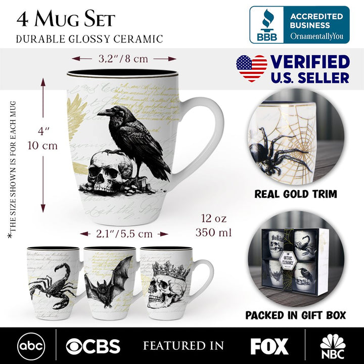 Elegant Goth Set of 4 Ceramic Mugs with Real Gold Trim, Black and White Spooky Halloween Coffee Cup Kitchen Gift Mug Sets OrnamentallyYou