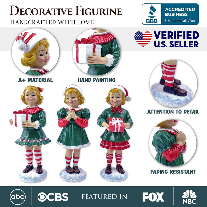(Pre-Order) Elegant Victorian Christmas Girl Set of Three Figurines, 6" Holiday Home Decor Resin Statues OrnamentallyYou