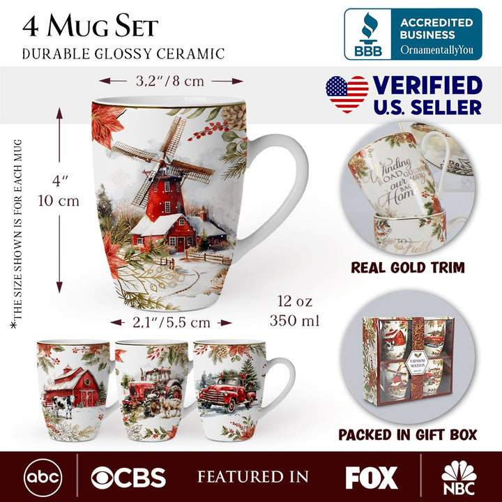 (Pre-Order) Fancy Farmhouse Holiday Set of 4 Ceramic Mugs with Real Gold Trim, Rustic Christmas Kitchen Coffee Cup Decoration Mug Sets OrnamentallyYou