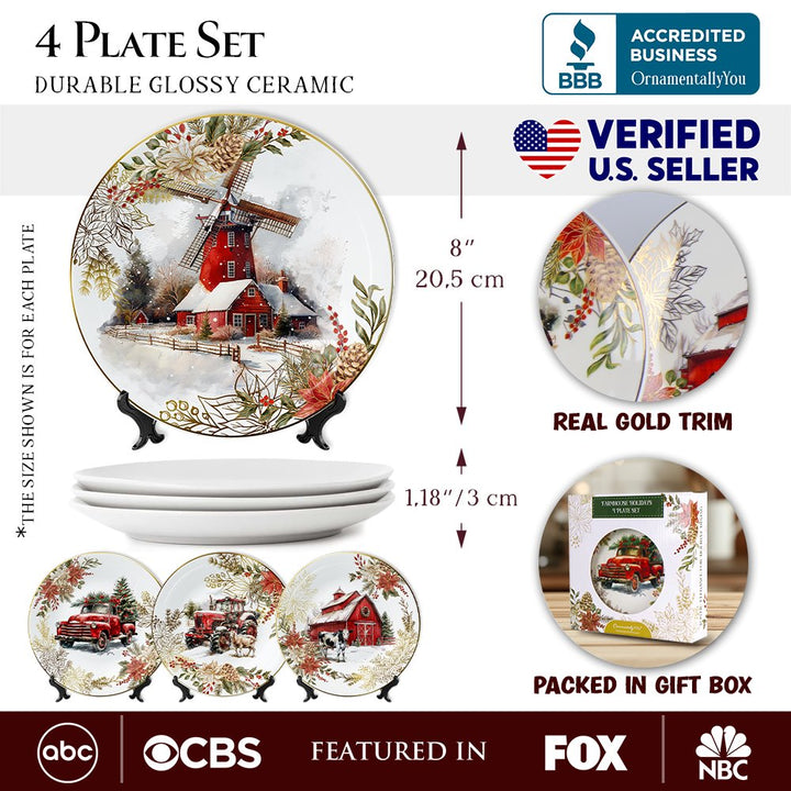 (Pre-Order) Farmhouse Christmas Set of 4 Plates with Real Gold Elements, Holiday Tableware Collection for Salad, Dessert, Appetizer, and Side Plates Plate Sets OrnamentallyYou