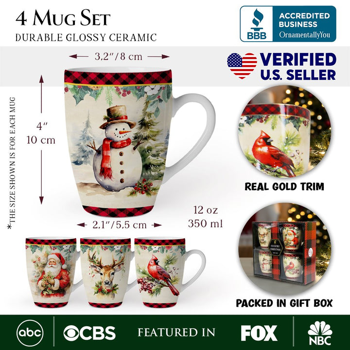 (Pre-Order) Festive Country Plaid Set of 4 Ceramic Mugs with Real Gold Trim, Christmas Kitchen Coffee Cup Gift with Santa, Cardinal, Deer, and Snowman Mug Sets OrnamentallyYou