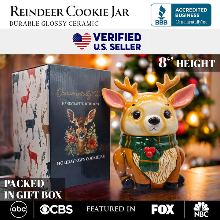 (Pre-Order) Festive Reindeer 10" Cookie Jar, Christmas Kitchen Festive Deer Decoration Cookie Jars OrnamentallyYou