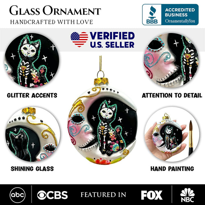 (Pre-Order) Folkloric Siamese Cat Sugar Skull Glass Ornament, Celestial Crescent Moon Halloween Decor Glass Ornament OrnamentallyYou