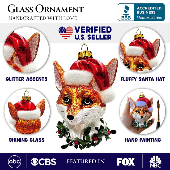 Fox with Santa Hat Glass Christmas Ornament, Woodland Animal Wreath Gift Decor Glass Ornament OrnamentallyYou
