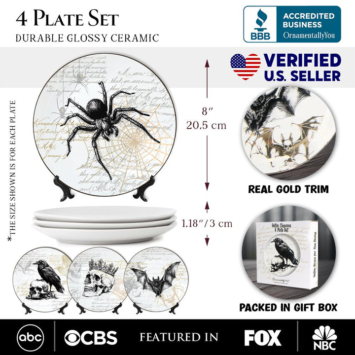 (Pre-Order) Gothic Elegance Set of 4 Plates with Real Gold Trim, Halloween Tableware Collection for Salad, Dessert, Appetizer, and Side Plates Plate Sets OrnamentallyYou