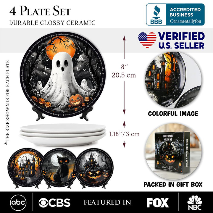 (Pre-Order) Haunted Night Set of 4 Plates, Black Halloween Tableware Collection for Salad, Dessert, Appetizer, and Side Plates Plate Sets OrnamentallyYou