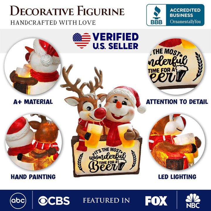 (Pre-Order) It's the Most Wonderful Time for a Beer Festive Figurine, 8" Snowman and Reindeer Christmas Party Statue Resin Statues OrnamentallyYou