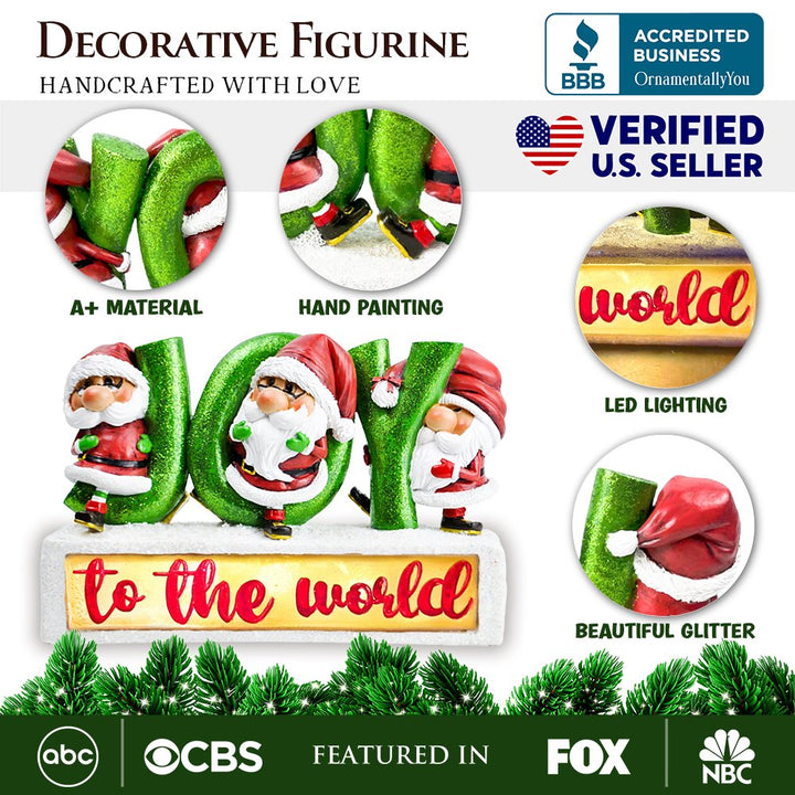 Joy to the World with Holiday Gnomes Lighted Statue, Tabletop LED Christmas Decor Resin Statues OrnamentallyYou