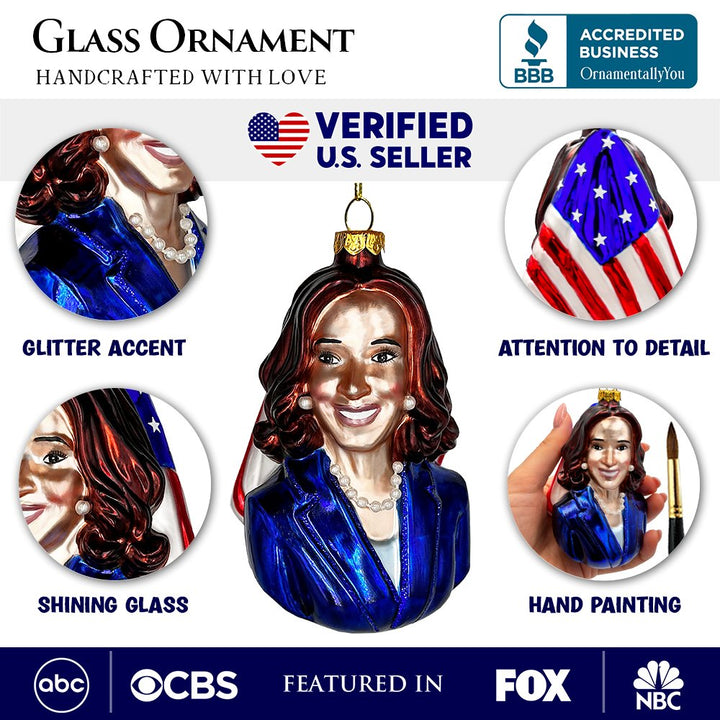 (Pre-Order) Kamala Harris Glass Christmas Ornament, Promotional Democrat Keepsake OrnamentallyYou