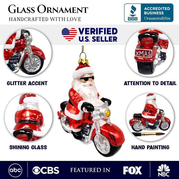 Motorcycle Santa Cruising Glass Christmas Ornament, Biker Gift Glass Ornament OrnamentallyYou