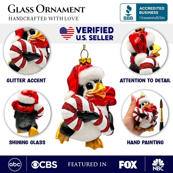 Penguin with Candy Glass Christmas Ornament, Arctic Bird Classic Tree Decoration Glass Ornament OrnamentallyYou