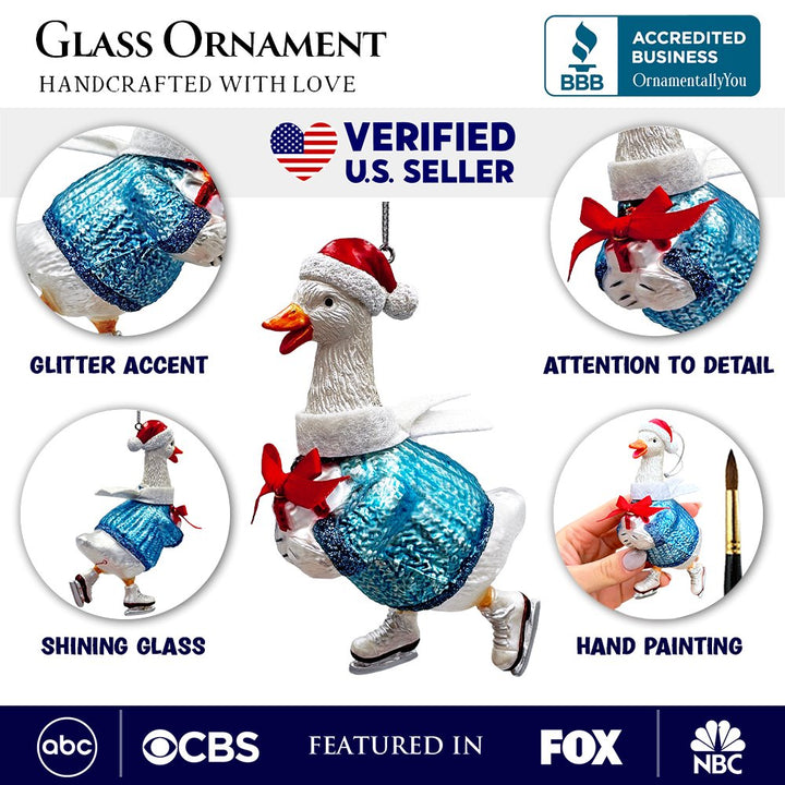 Playful Goose in Skates Glass Christmas Ornament, Whimsical Cute Duck Tree Decor Glass Ornament OrnamentallyYou