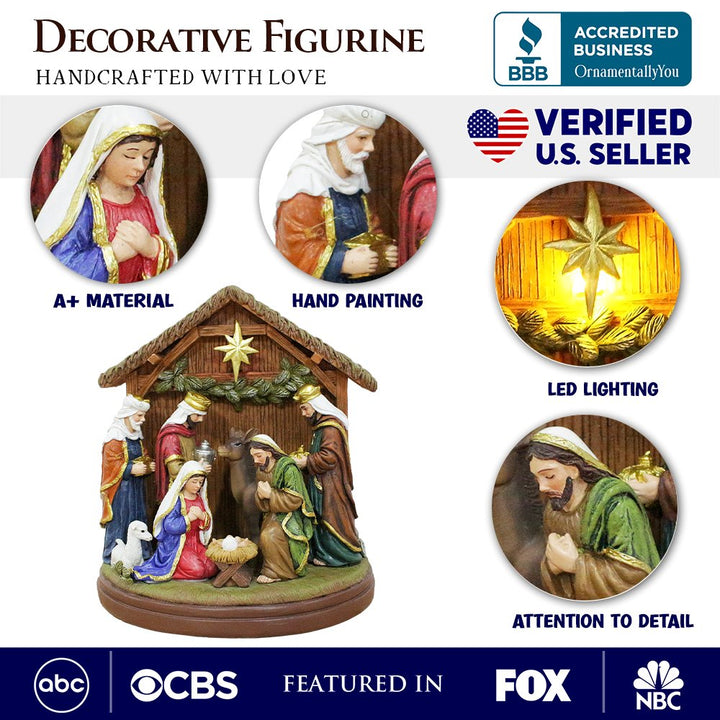 (Pre-Order) Radiant Nativity Scene Handcrafted Statue Figurine, 7" Birth of Jesus Christian Home Decoration Resin Statues OrnamentallyYou