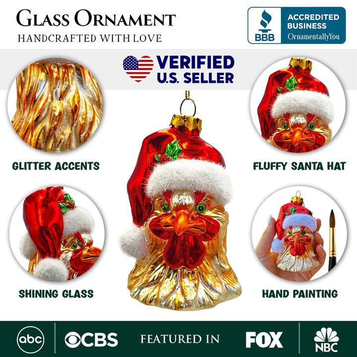 Rooster with Santa Hat Handblown Glass Christmas Ornament, Farm Chicken Holiday Decor Glass Ornament OrnamentallyYou