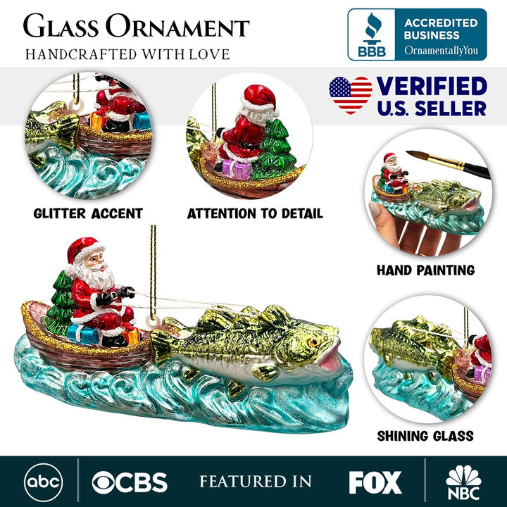 Santa's Fishing Adventure Glass Christmas Ornament, Holiday Angler Fish in Sleigh Glass Ornament OrnamentallyYou