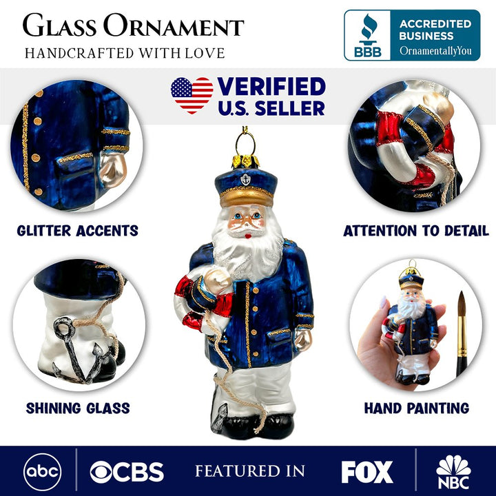 (Pre-Order) Santa the Ship Captain Glass Ornament, Gift for Boat Commander of the Seas Glass Ornament OrnamentallyYou