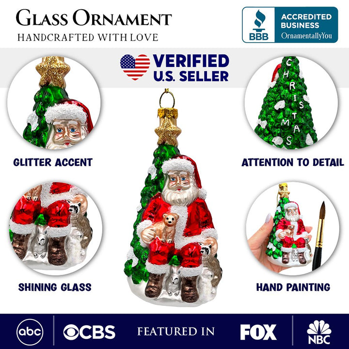 Santa with Woodland Animals Glass Christmas Ornament, Handblown Tree Decor Glass Ornament OrnamentallyYou