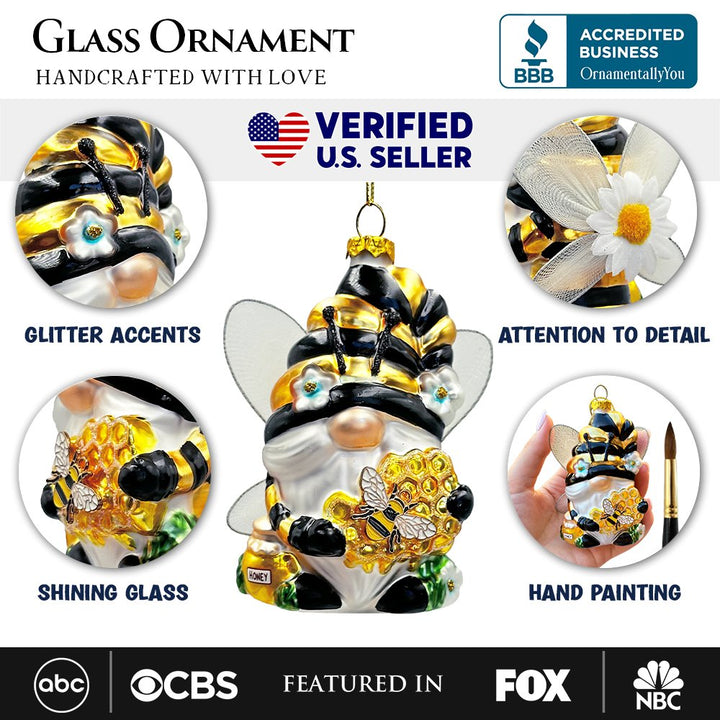 (Pre-Order) Sparkling Bee Gnome Glass Christmas Ornament, Bumblebee Themed Holiday Decor Glass Ornament OrnamentallyYou