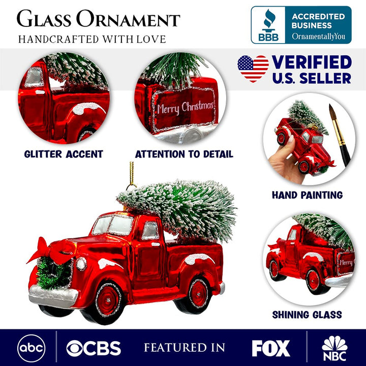 Traditional Red Truck with Ornamental Tree Glass Christmas Ornament Glass Ornament OrnamentallyYou