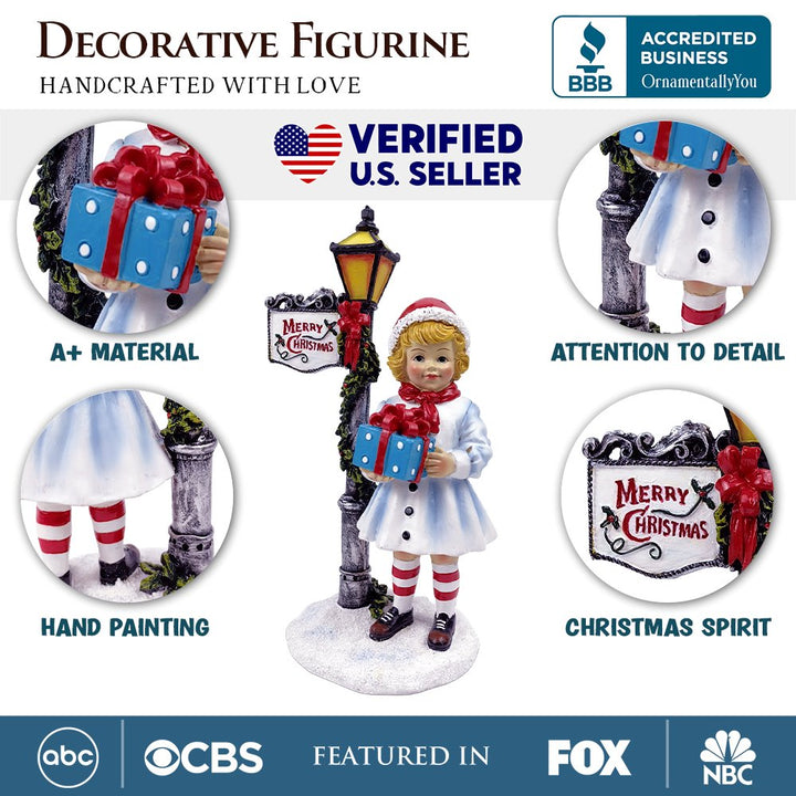 (Pre-Order) Victorian Style Christmas Girl and Street Lamp Tabletop Figurine, 8" Vintage Holiday Statue of a Gift Carrying Belle Resin Statues OrnamentallyYou