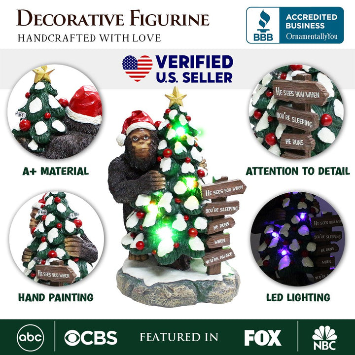 (Pre-Order) Whimsical Bigfoot Behind Christmas Tree Figurine, 7.5" Funny Holiday Yeti LED Statue, He Sees You When You're Sleeping Resin Statues OrnamentallyYou