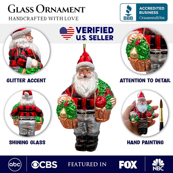 Wholesome Santa the Vegetable Farmer Glass Christmas Ornament, Farm Style Holding Potatoes, Lettuce, and Tomatoes Glass Ornament OrnamentallyYou