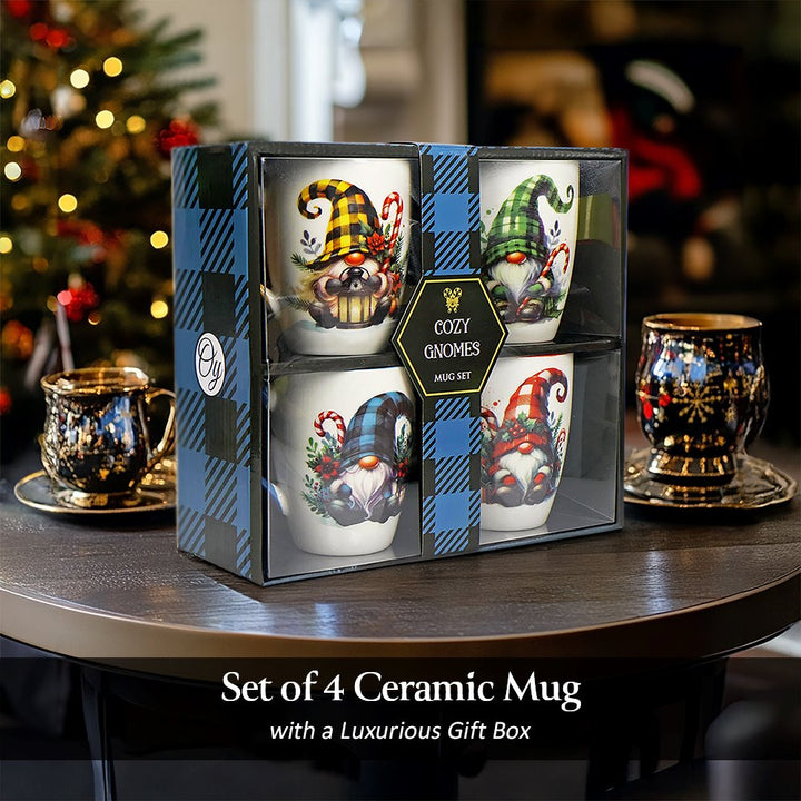 (Pre-Order) Cheerful Holiday Gnome Eclectic Ceramic Mug Set of 4, Christmas Coffee Cups for a Tableware Gift Mug Sets OrnamentallyYou