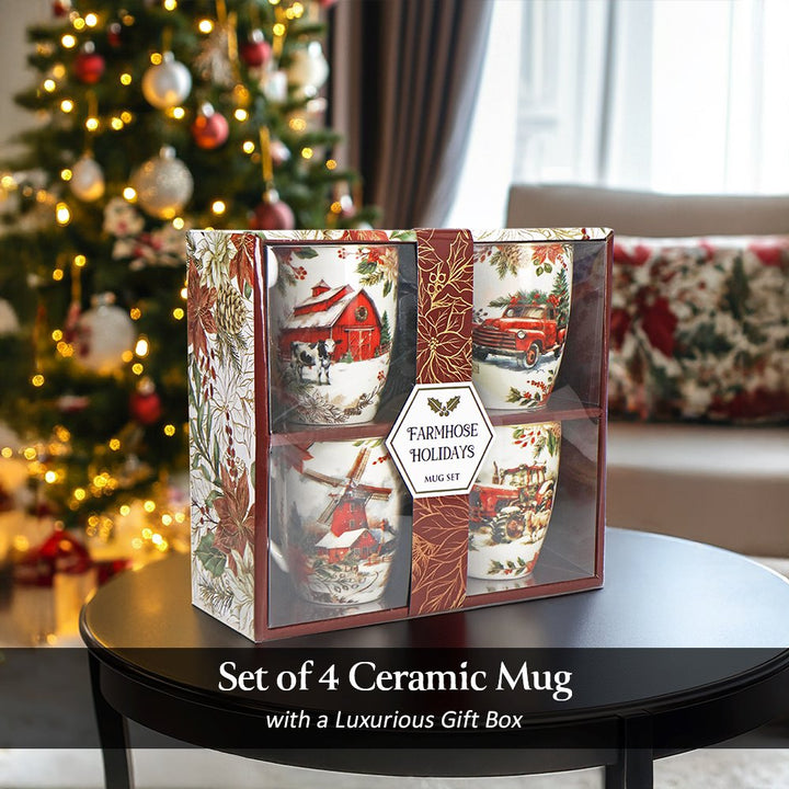 (Pre-Order) Fancy Farmhouse Holiday Set of 4 Ceramic Mugs with Real Gold Trim, Rustic Christmas Kitchen Coffee Cup Decoration Mug Sets OrnamentallyYou