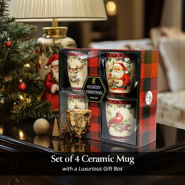 (Pre-Order) Festive Country Plaid Set of 4 Ceramic Mugs with Real Gold Trim, Christmas Kitchen Coffee Cup Gift with Santa, Cardinal, Deer, and Snowman Mug Sets OrnamentallyYou