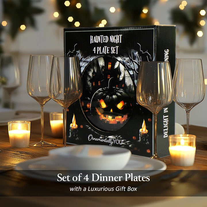 (Pre-Order) Haunted Night Set of 4 Plates, Black Halloween Tableware Collection for Salad, Dessert, Appetizer, and Side Plates Plate Sets OrnamentallyYou