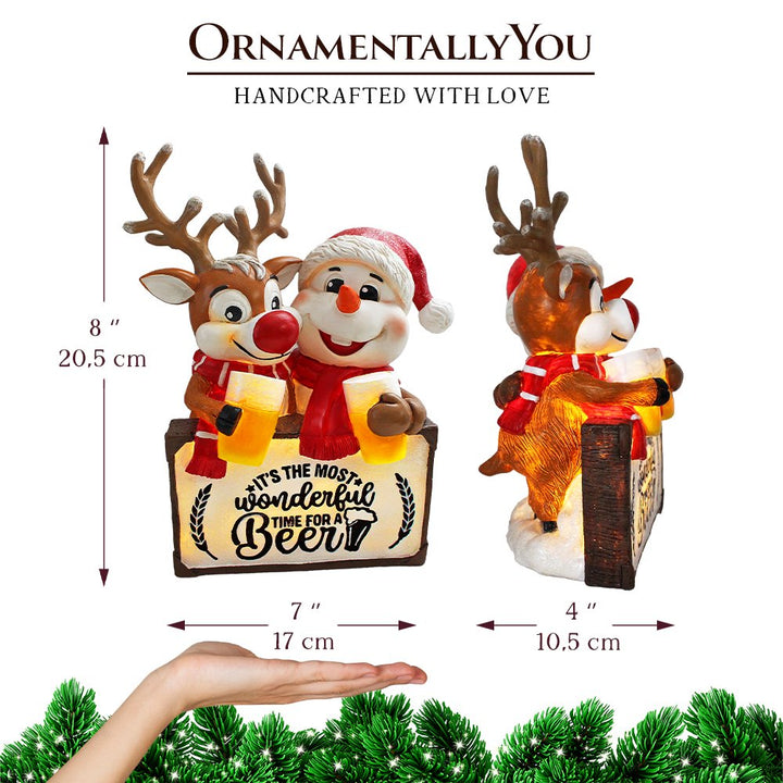 (Pre-Order) It's the Most Wonderful Time for a Beer Festive Figurine, 8" Snowman and Reindeer Christmas Party Statue Resin Statues OrnamentallyYou